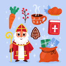 Saint Nicolas entour&eacute; de cadeaux et douceurs